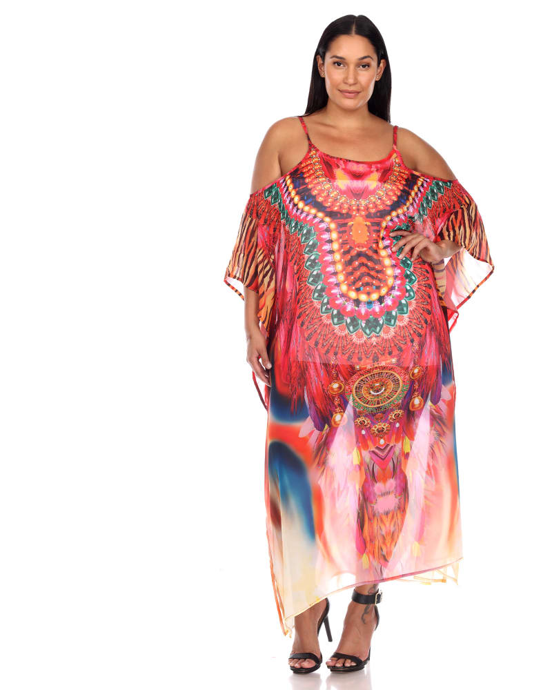 Front of a model wearing a size One Size Sheer Caftan Maxi Dress in Red Orange by White Mark. | dia_product_style_image_id:257160